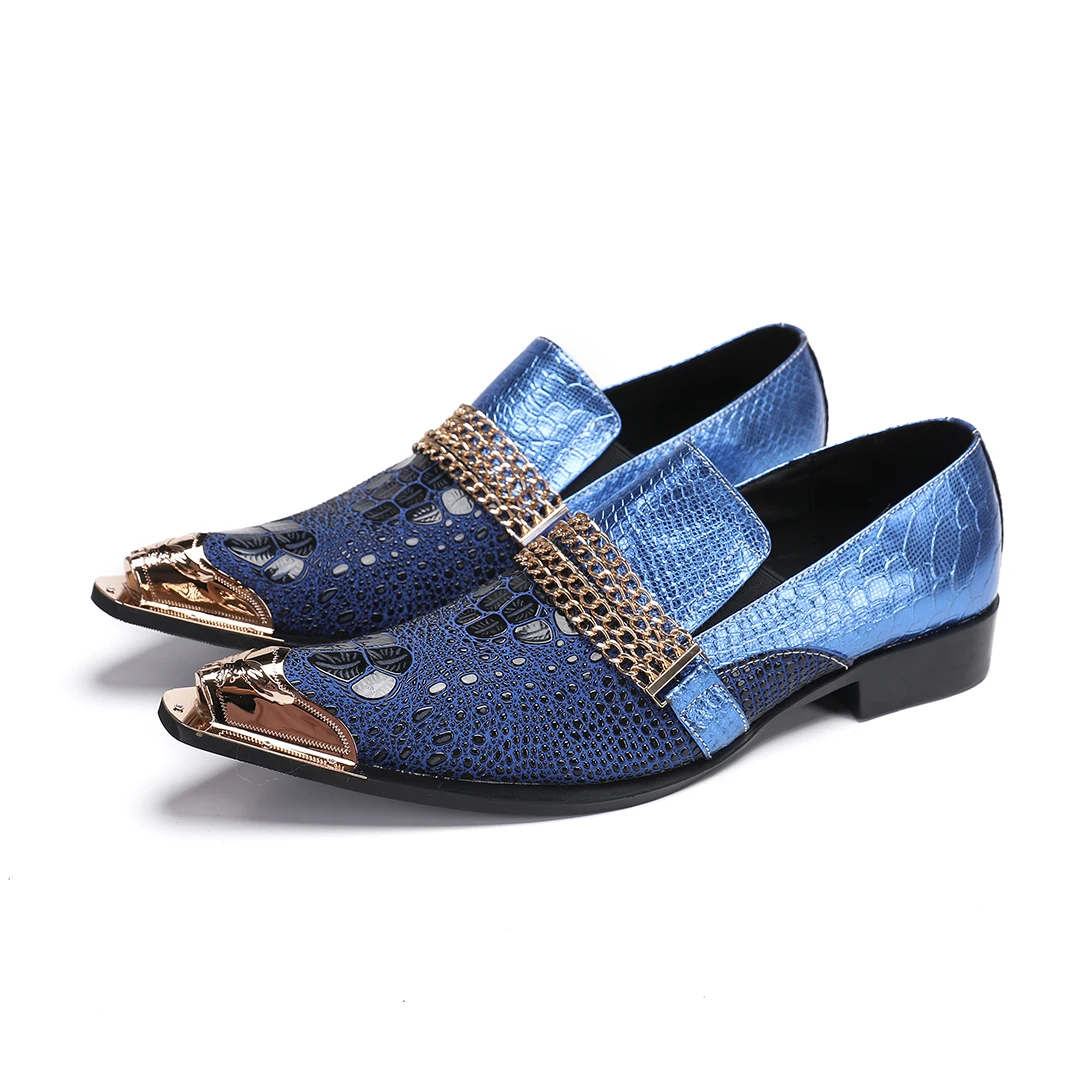 Designer Handmade Genuine Leather Metal Toe Patchwork Snake Skin Men's Blue Derby Shoes for Party Wedding Loafers