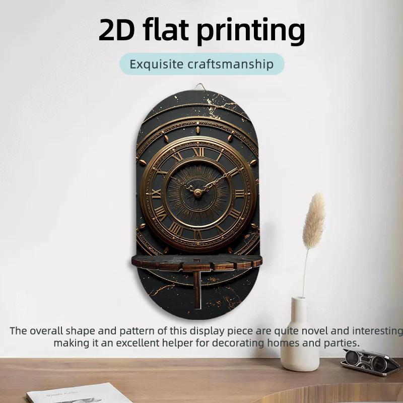 Retro Clock 2D Print Decorative Wooden Shelf, Wall Mounted Multi Functional Storage Rack, Key Holder Candle Stand, Perfect Gift