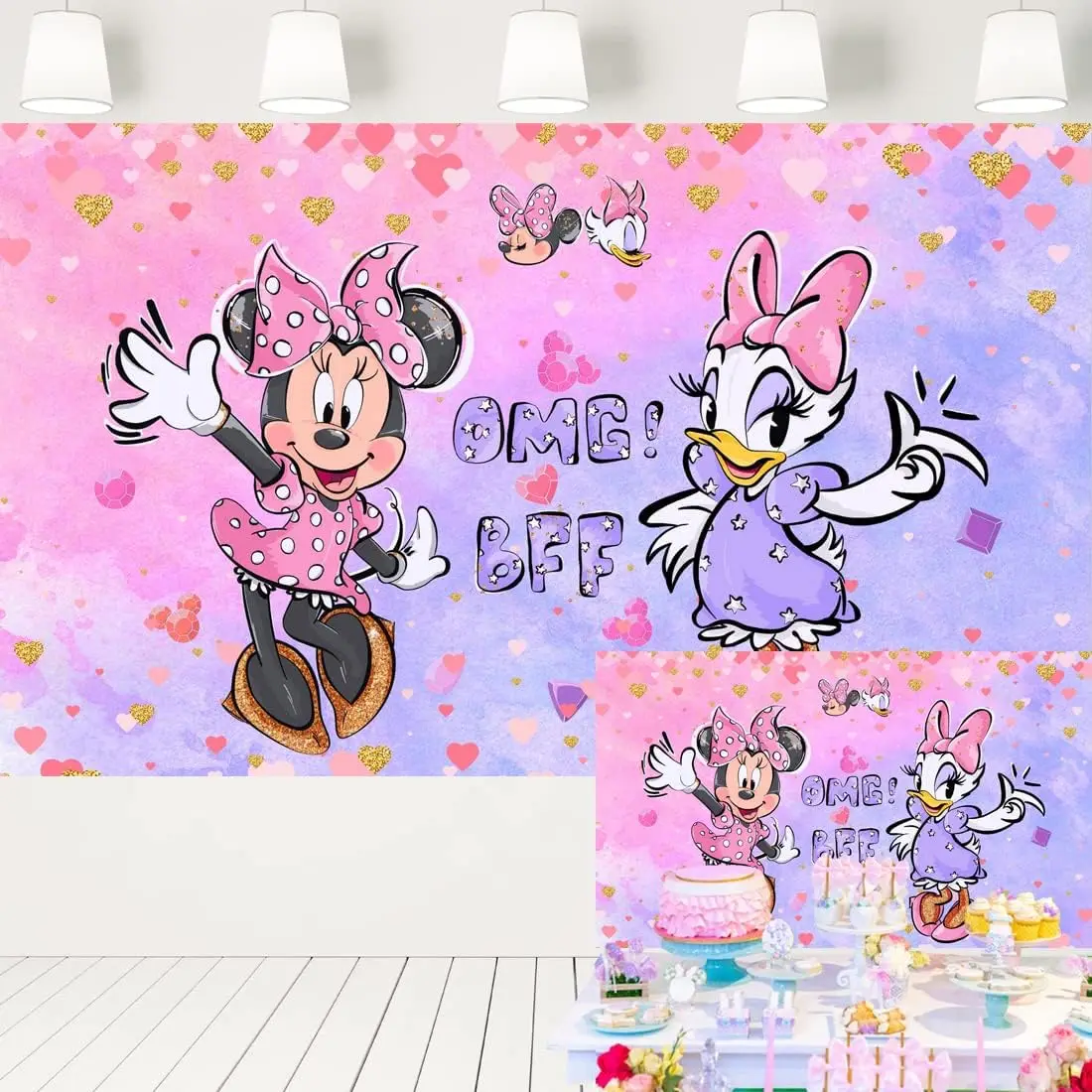 Minnie Mouse e Daisy Duck Backdrop, Pastel Birthday Party Background, Decorações do chuveiro do bebê, Bolo Table Banner, Aquarela