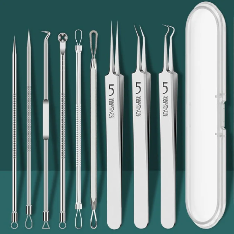 Ensemble d'outils d'extraction de points noirs et de points noirs, rangement pratique, outils d'extraction de boutons et de imperfections en acier inoxydable 9 pièces