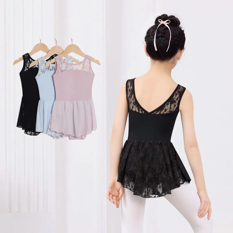 Girls' Sleeveless Ballet Dance Dress Kids Summer Lace Patchwork Practice Tutu Skirt