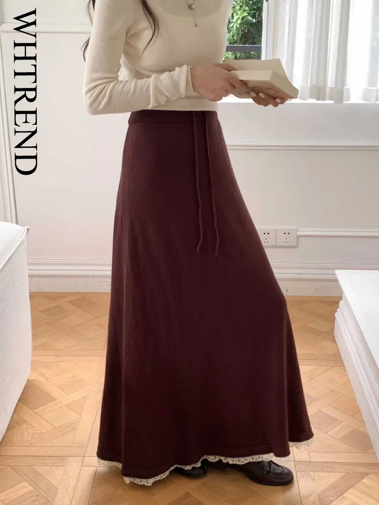 

WHTREND Long Large Umbrella Knitted Skirt For Women Lace Stitching Fashion Clothing Autumn Winter New WH2072