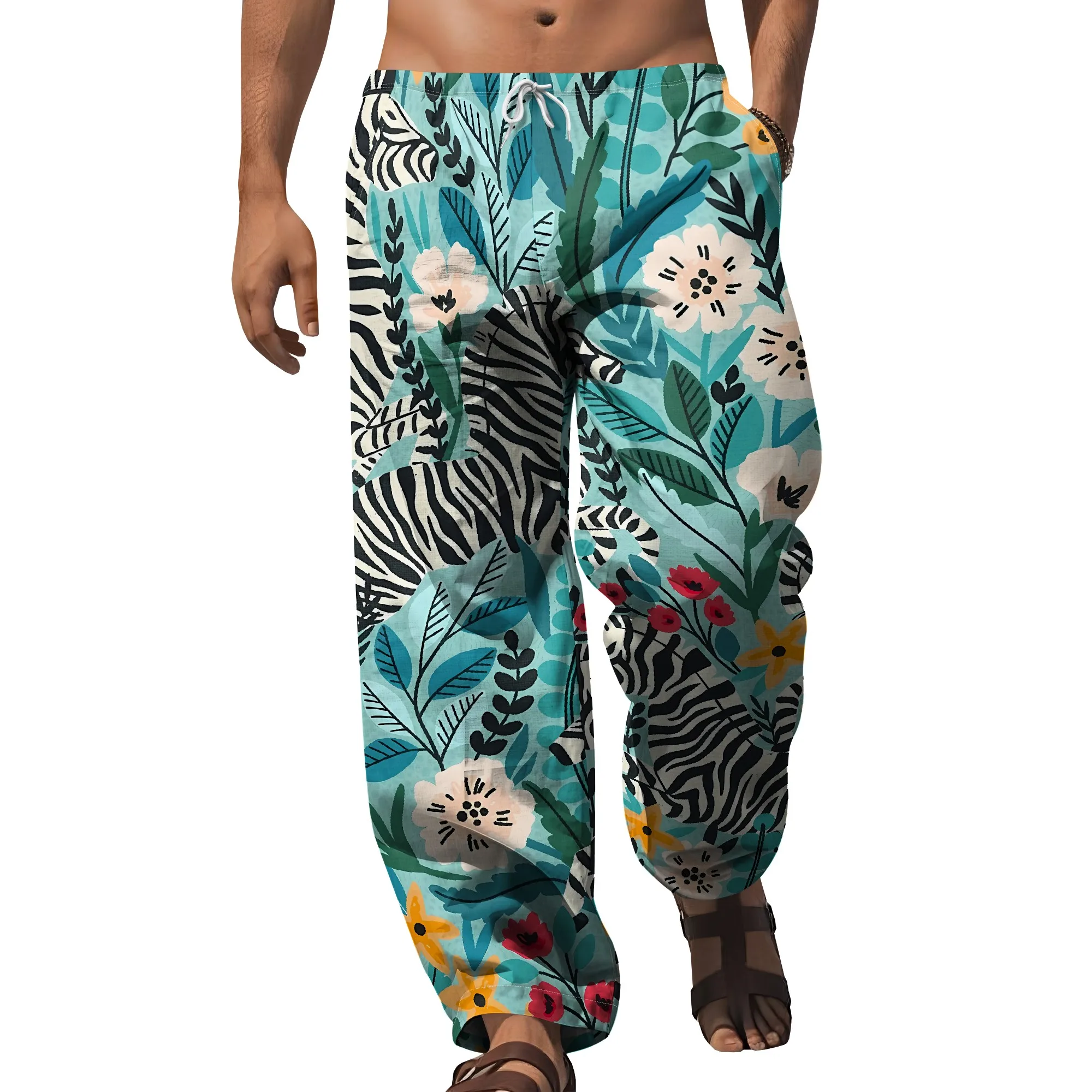YEAE Colorful Tribal Geometric Patchwork Pants for Men Summer Casual Loose Drawstring Trousers