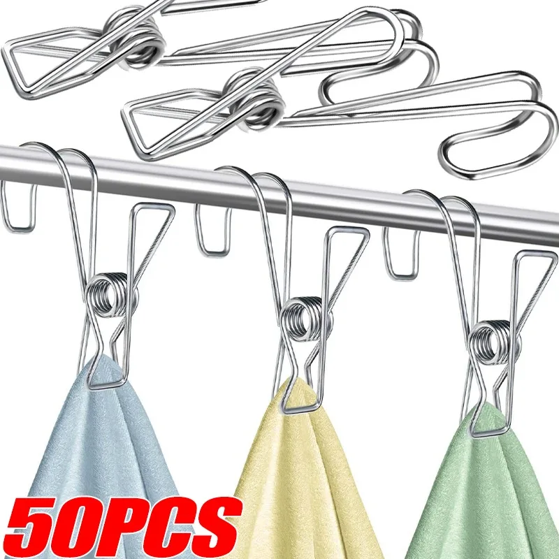 50/10PCS Multi-Purpose Stainless Steel Clothespins with Hooks Metal Spring Clips Hanging Towel Clips for Kitchens Bathroom