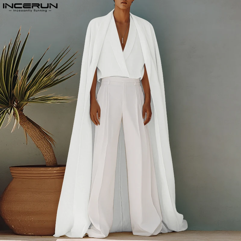 INCERUN Kemeja Gaya Panjang Pria Warna Solid Kemeja Ponco Dua Potong Palsu Pakaian Jalanan Longgar 2025 Atasan Jubah Kasual Fashion Pria
