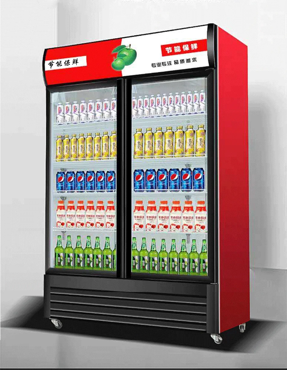 Two-Door Vertical Upright Chiller Display Deep Freezer Single-Temperature Beverage Cooler for Supermarket Use