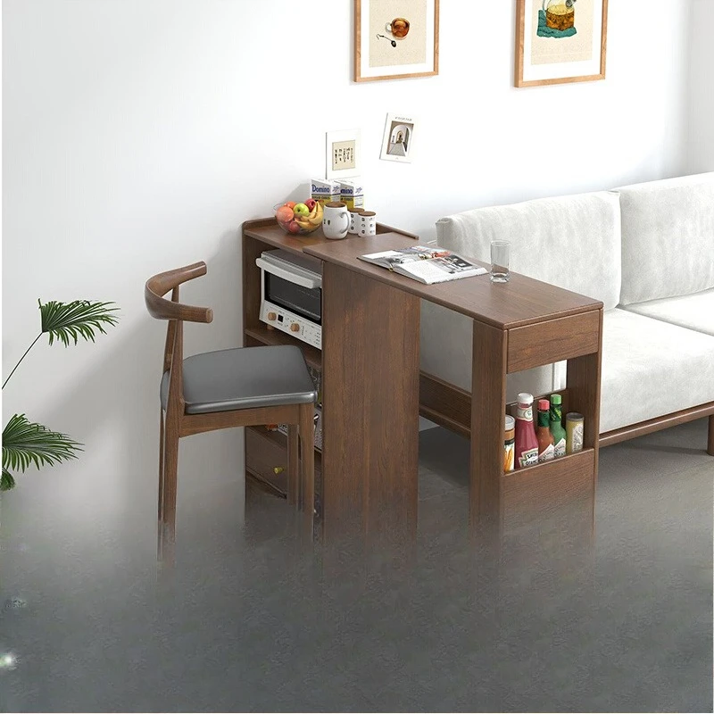 

Solid wood folding bar table and chair combination porch partition restaurant dining table cabinet integrated retractable shelf