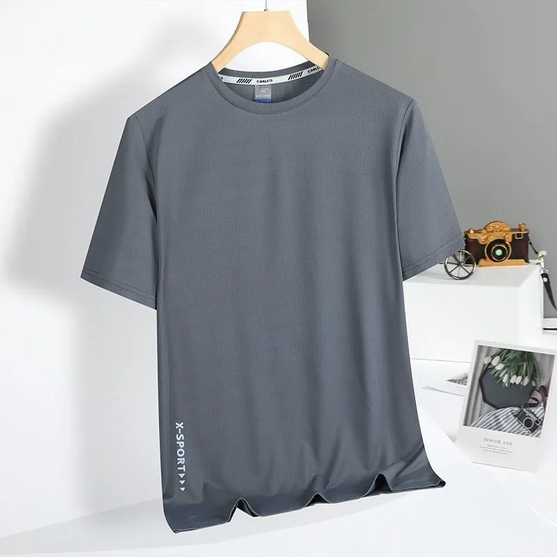 High Elasticity Ice Silk Quick Dry Short Sleeves Summer Running Sports Thin Breathable Round Neck Moisture Absorbent Men's T