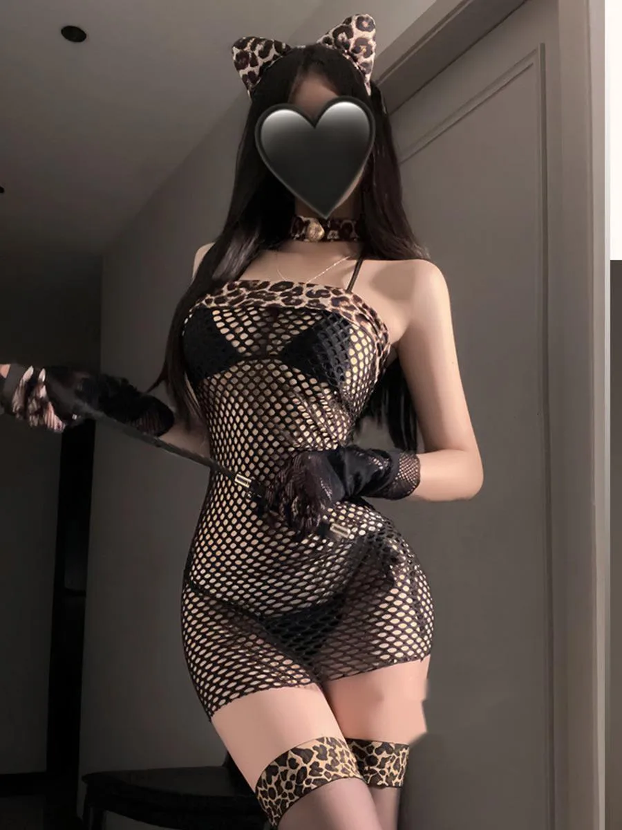 رغبة نقية ملهى ليلي نمط ليتل ليوبارد فتاة فستان شبكي لعوب مثير Bodycon الصيد صافي التفاف الورك خارج على الكتف فستان BKJY