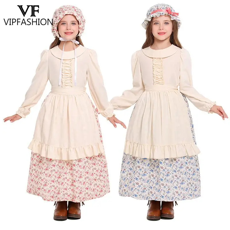 VIP FASHION 4 stks/set Cottagecore Gebloemde Jurk Meisjes Middeleeuwse Victoriaanse Boerderij Cosplay Kostuum Oogstfestival Party Outfit