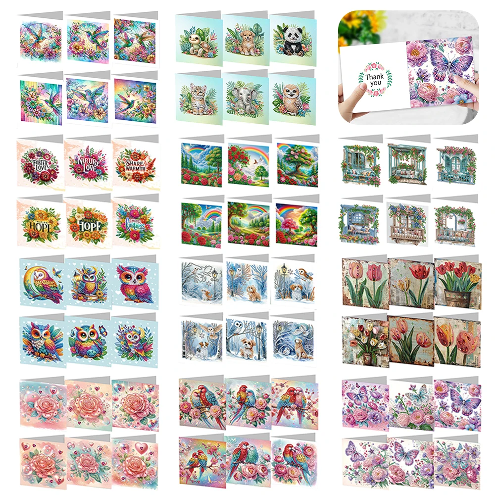 6Pcs New DIY Diamond Painting Greeting Card Holiday Flower Landscape Animal Card Blessing Card Happy Birthday Gift Thanks Card