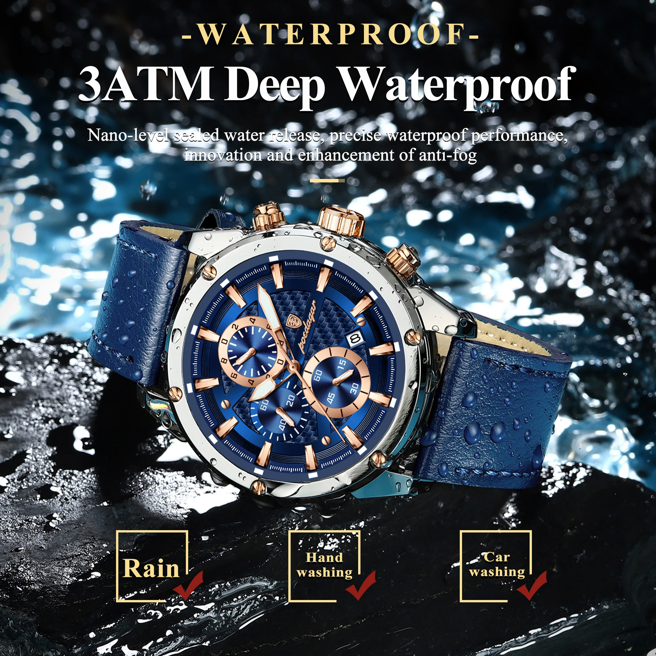 POEDAGAR رجل الأعمال ساعة مقاوم للماء مضيئة كرونوغراف تاريخ الساعات الأصلية للرجال جلدية فاخرة ساعة يد كوارتز رجالية