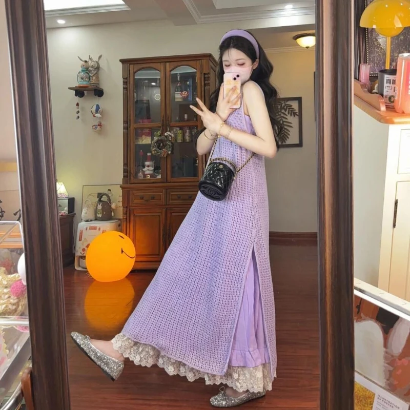 

Милый и свежий костюм с юбкой, кружевное платье-жилет без рукавов, вязаная полая блузка, костюм, весеннее женское платье в девичьем стиле