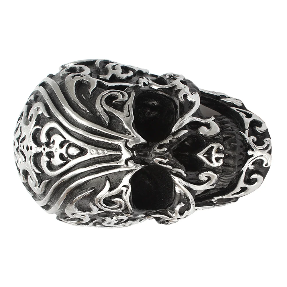 

1pc Skull Head Decor Resin Gothic Horror Carved Auspicious Clouds Design Halloween Party Home Decoration Silver Black