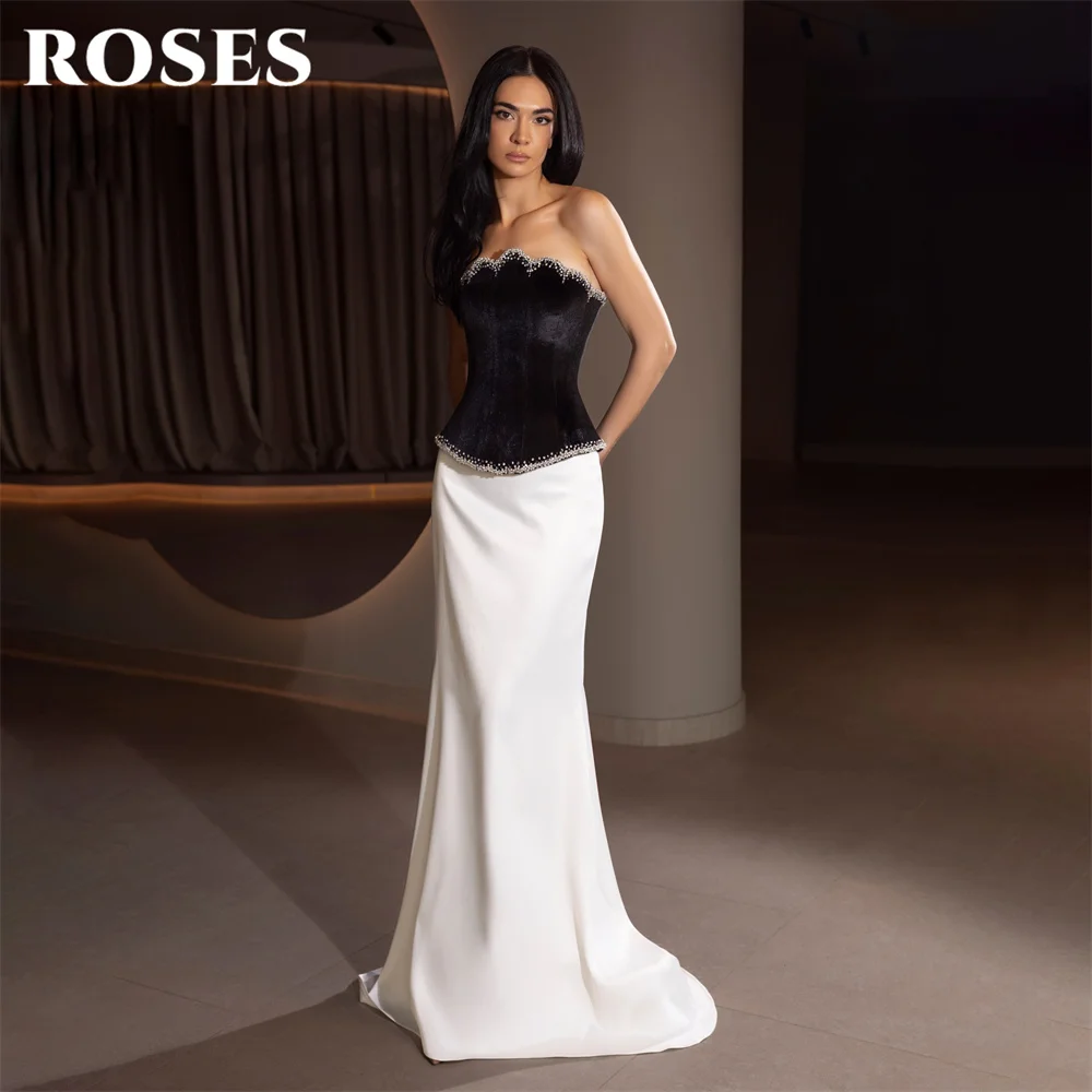 

ROSES Black and White Prom Dress with Beaded Trim Celebrity Dress Mermaid Women's Evening Dresses Satin Formal Gown Customized