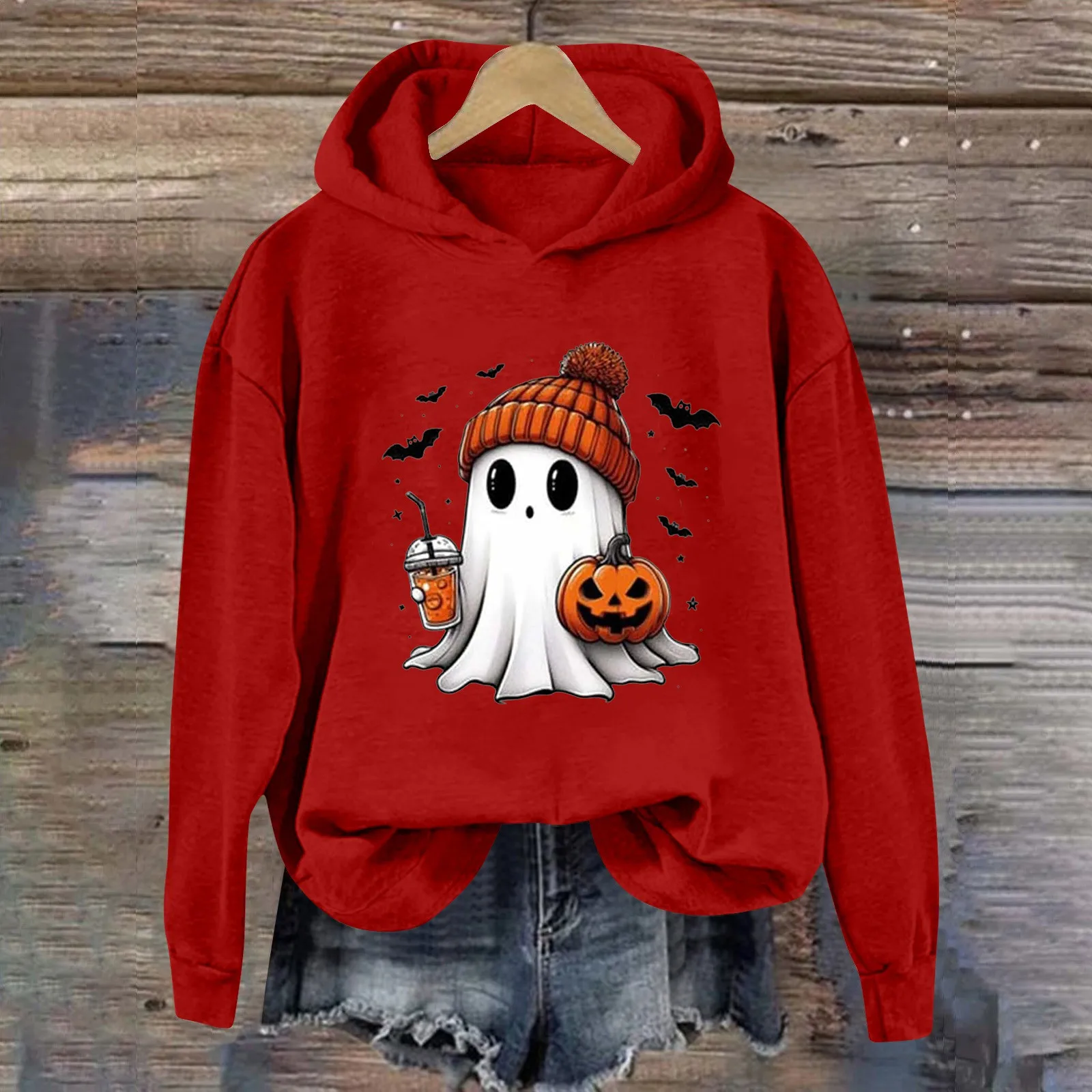 Cute Ghost Print Ladies Halloween Hoodie Crew Neck Long Sleeve Loose Comfortable Jumper Winter Fashion Trend Casual Hoodie