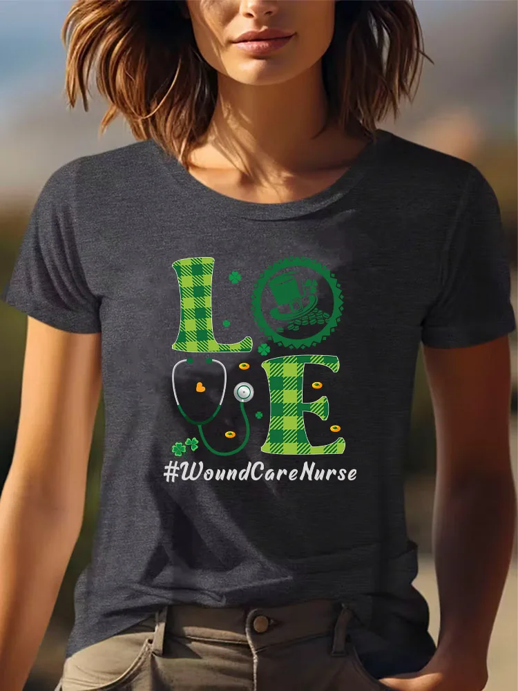 العناية بالجروح ممرضة المرأة الجرافيك تي شيرت غير رسمي كل موسم ارتداء قصيرة الأكمام جولة الرقبة رمادي المحملة 180 جرام ملابس لجميع المواسم