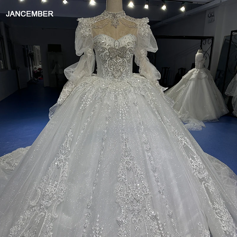 Jancember Puff Sleeves Full Sleeves Wedding Gowns O-Neck Tassel Wedding Dresses With Embroidery Vestido De Noiva XS019