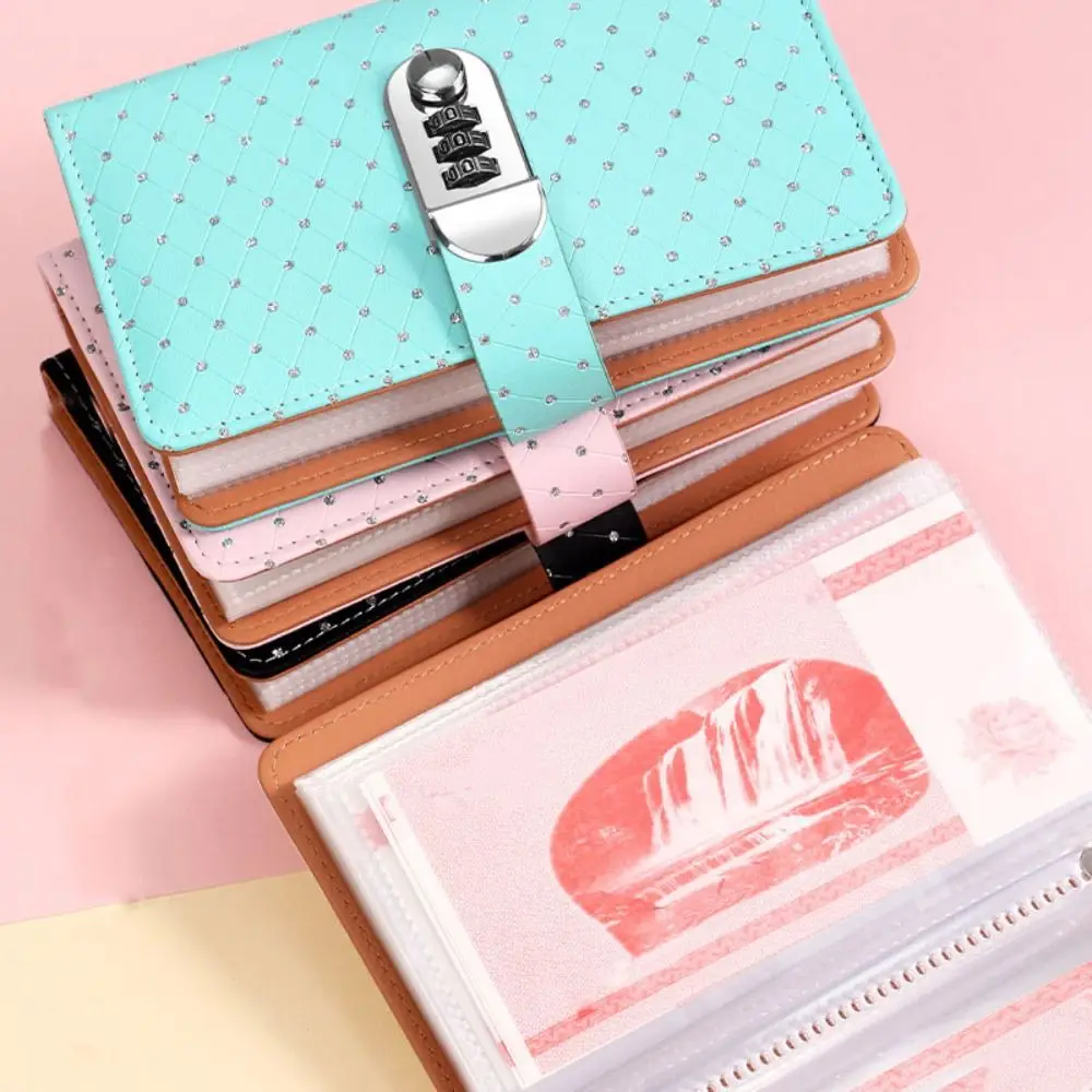 

50Sheets Saving Money Binder Little Crystal Cover Savings Handbook Budget Binder with Lock Cash Envelopes PU Leather