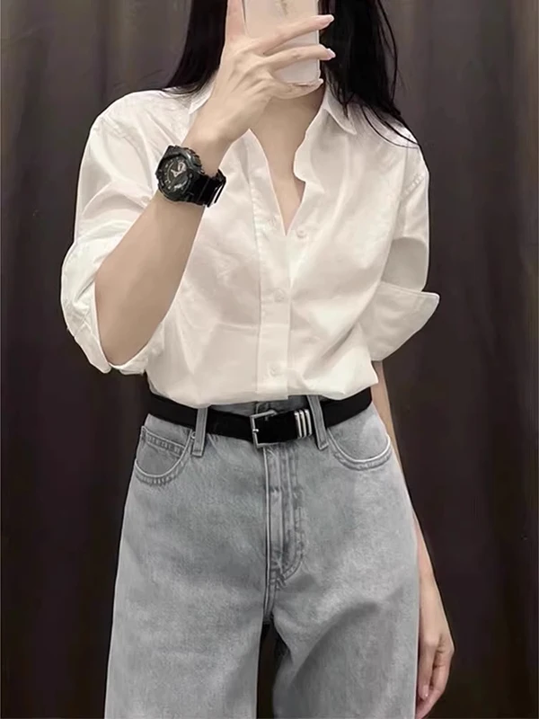 

Elegant White Oversized Long Sleeve Shirt Design Sensation Fashion Top Korean Style Commute Wind Women's Premium Europe...
