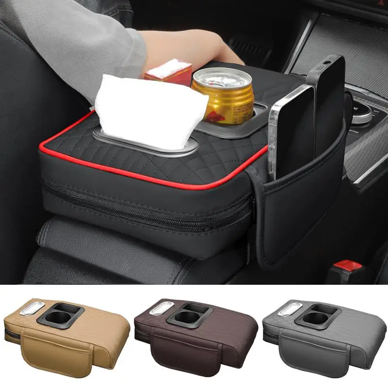 Car Armrest Box Heightening Cushion With 1 Cup Holder And Storage Box And Tissue Box Auto Center Console Pad For Car Interior