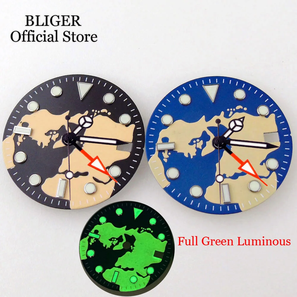 BLIGER NH34A New 29mm Watch Dial Green Luminous Pattern Design Fit NH34 GMT Automatic Movement Watch Parts