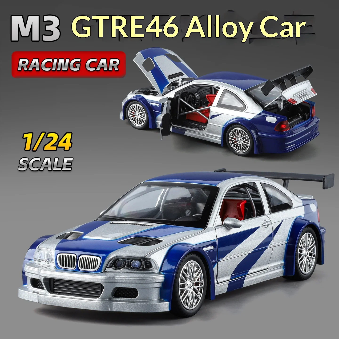 

1:24 Metal Die-cast M3 Sports Car Model Simulated Sound and Light BMW E46 Toy Car Suitable as a Gift for Boys Over 3 Years Old