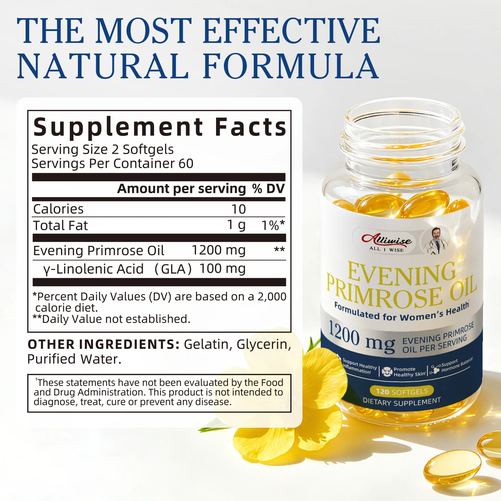 Alliwise 1200MG Evening Primrose Oil Capsules for Regulating Female Endocrine System Anti inflammatory & Joint Health Support