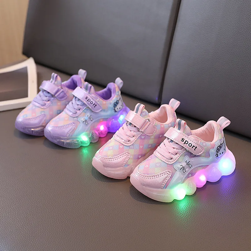 Cute Hello Kitty Casual Shoes for Baby Girl Children Led Light Sneakers Kids Shoes Toddler Walking Shoes Kids Anti-slip Shoes