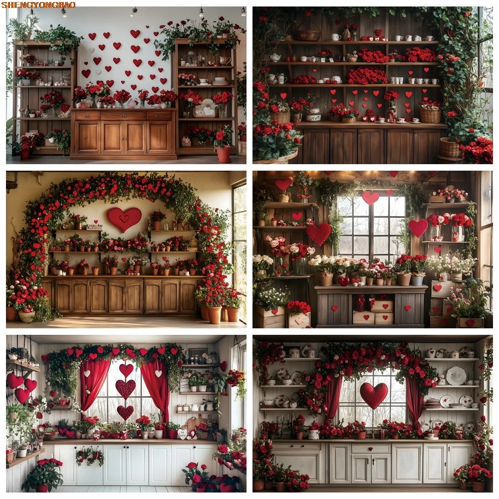 

Valentine's Day Photography Background Indoor Room Flowers Cabinet Kitchen Cupboard Photocall Backdrop Photostudio Photo Props