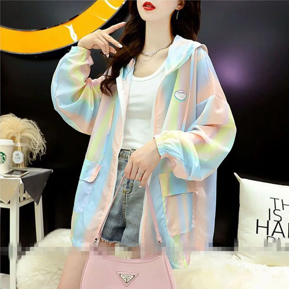 Rainbow Sun Protection Jacket Women\'s Long Sleeve Summer 2022 Korean Ultra-Thin Loose Versatile Breathable Coats Femme Tide