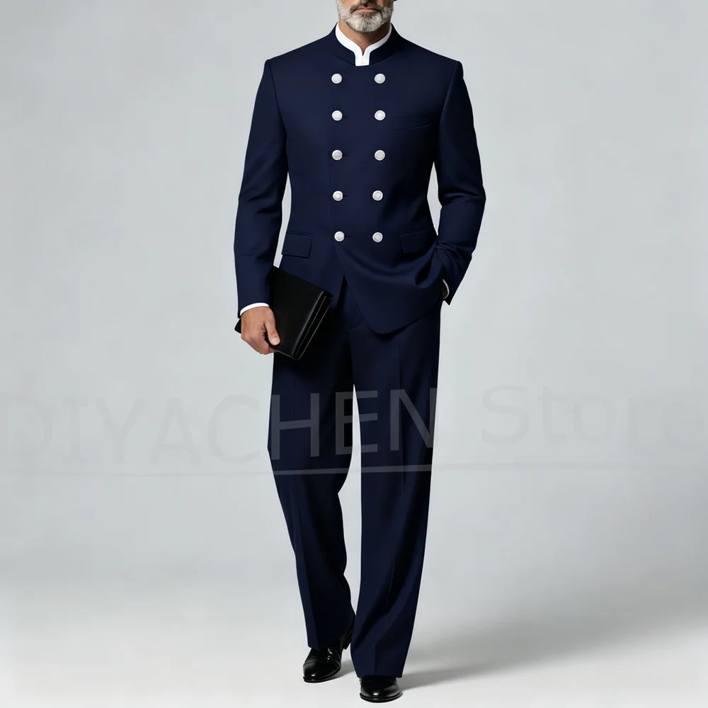 

Мужской двубортный костюм с воротником-стойкой, комплект из 2 предметов, шикарный деловой повседневный тонкий повседневный наряд, формальные смокинги для свадебной вечеринки