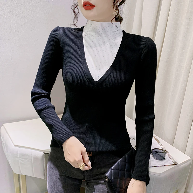 

Fall Winter Knitted Fake Two Pieces Sweater Sexy Color Blocking Diamonds Women's Long Sleeve New 2022 Cozy Pullovers Tops 0263