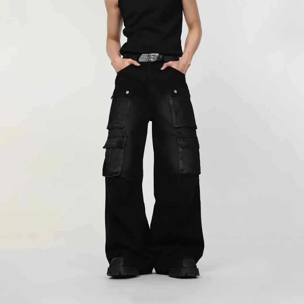 Outono novo masculino multi-bolso trabalho jeans americano retro moda tendência hip-hop rua solta casual nicho bottoms masculinos 2025