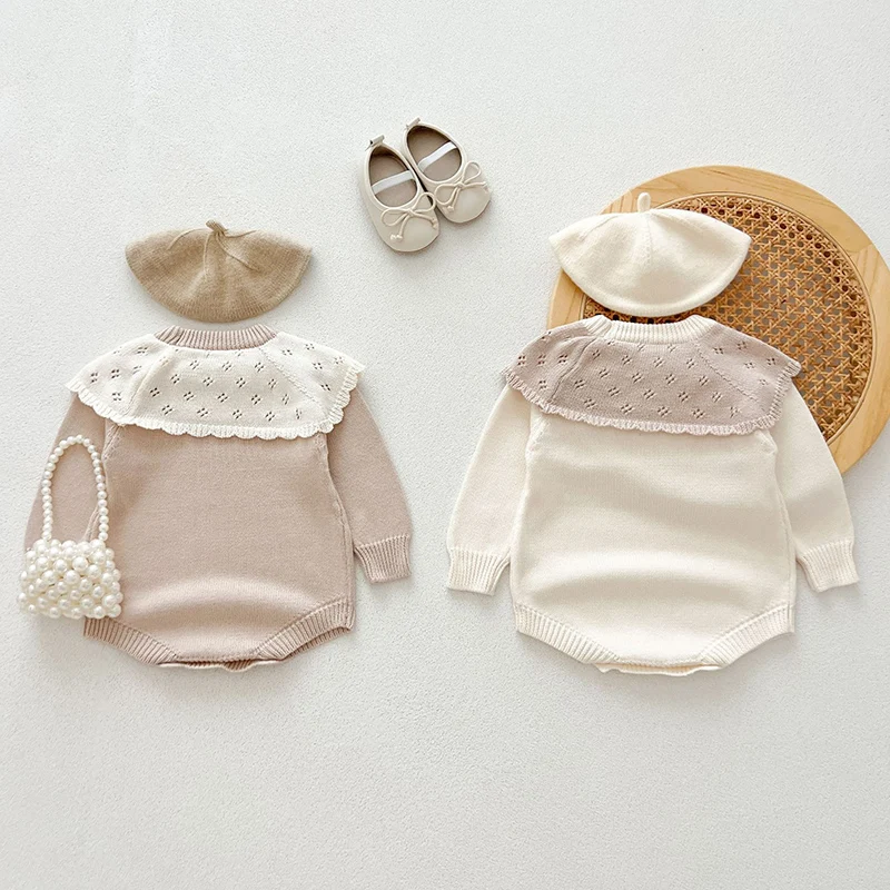 2024 New Autumn Baby Girl Knitted Clothing Newborn Baby Girls Knitted Bodysuits Long Sleeved Splicing Korean Style Climbing Suit