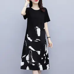 Oversized 7XL Big Size Woman Vintage Midi Dress Korean Summer New Short Sleeve Black White Pullover Chic Fashion Casual Dresses