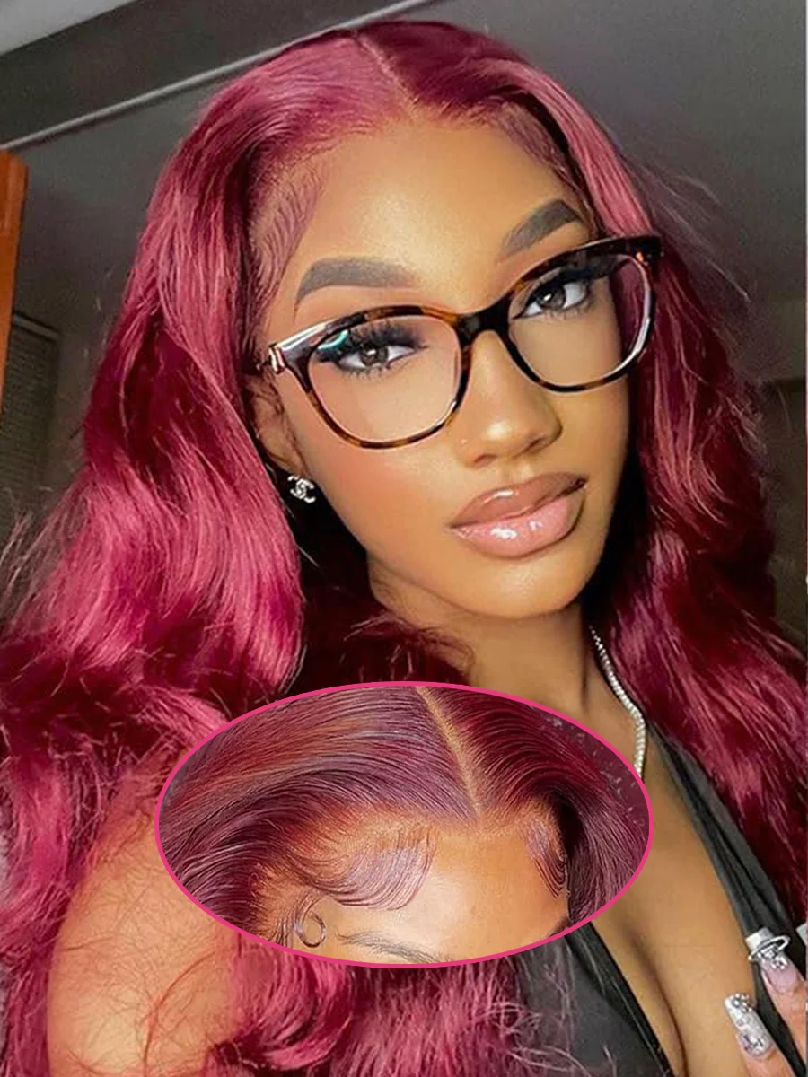 

Body Wave Wine Red Colored Human Hair Wigs #99J Lace Frontal Wig with HD Skin-melt Swiss Lace For Women Burgundy Wig