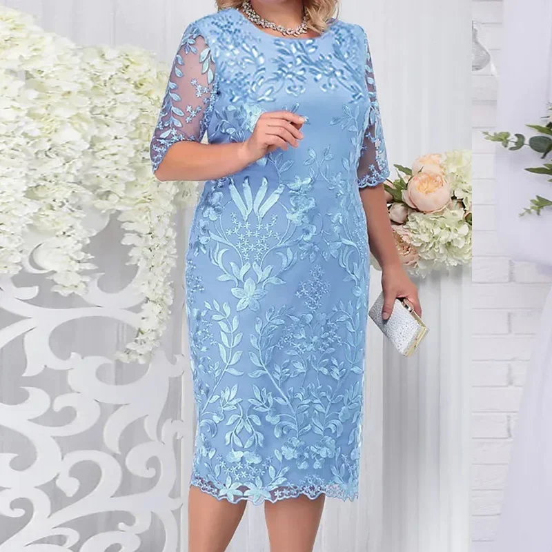 Plus Size Summer Dresses for Wedding Guest Women's Short Sleeve Lace Floral Elegant Bodycon Formal Party Wrap Vestidos Midi Pink