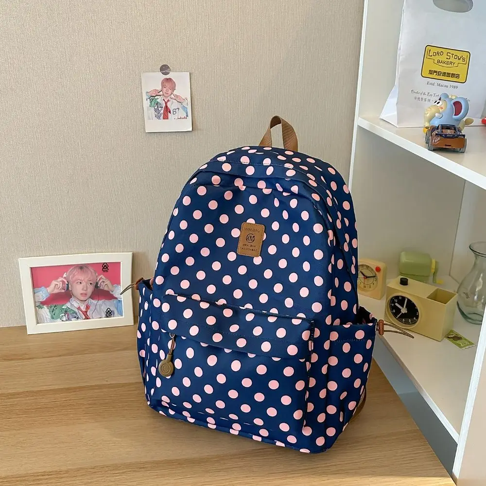 Y2k Süßer Polka-Dot-Rucksack, mehrfarbig, mit mehreren Taschen, Spitzenbesatz, strapazierfähiger minimalistischer Schulrucksack für Studenten und College. – Detail 12