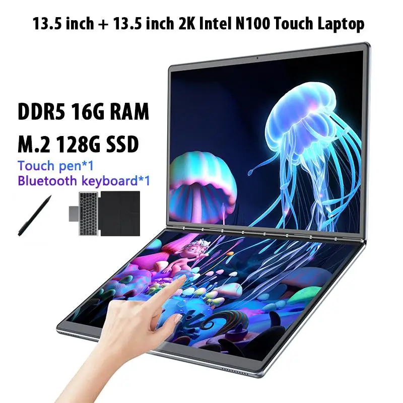 New! BY135 Dual Screen Laptop Intel N100 DDR5 16G RAM M.2 SSD 13.5 Inch 2.5K Touch Screen Notebook 9000Mah Computer PC Office