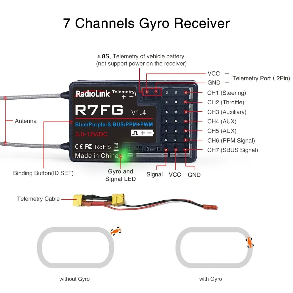 Radiolink R7FG Channle 2.4G Gyro RC Receiver Car Voltage Transmission Telemetry 600m Long Range RX for Crawler Drifting Car