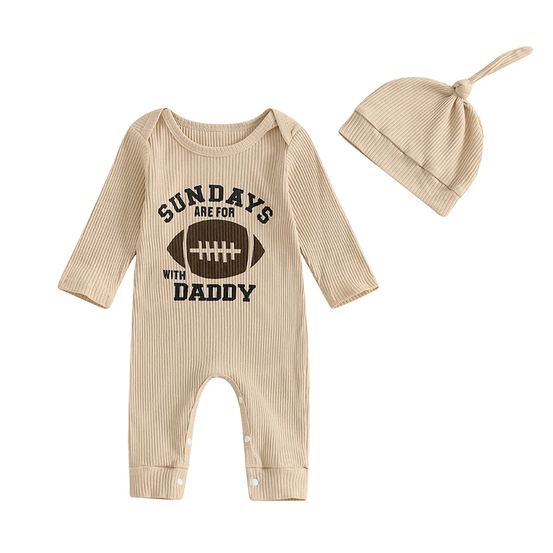 Baby Boy Ribbed Romper Casual Rugby Letter Print Long Sleeve Jumpsuit with Hat for Infant Toddler Fall Outfit