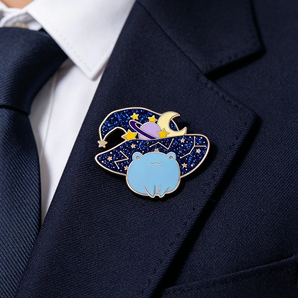 Cute Wizard Frog Enamel Pin Glitter Starry Sky Wizard Hat Brooch Backpack And Clothing Accessories Gifts For Magic Enthusiasts