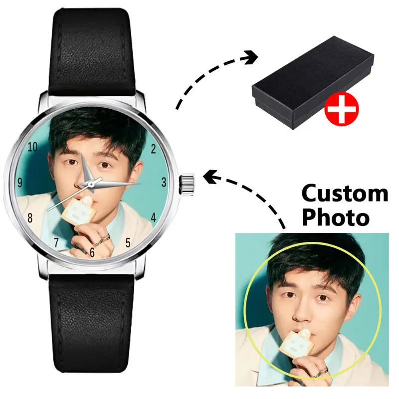 Fashionable Black and White Leather Quartz Watch for Men and Women, Customized Personal Photo Cartoon Brand Logo Gift