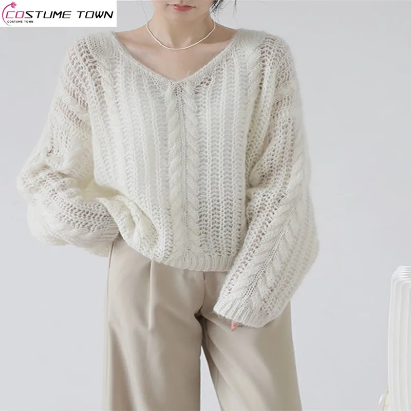 

French Thin and Lazy Style Sweater Knit Sweater for Women's Spring and Autumn Wear Loose and Slim Hollow V-neck Pullover Top