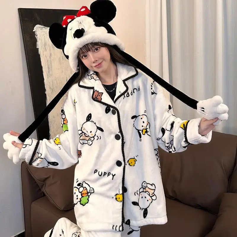 

New Sanrios Anime Cartoon Pochacco Pajamas Woman Autumn Winter Student Kawaii Coral Fleece Keep Warm Home Wear Nightgown Suit