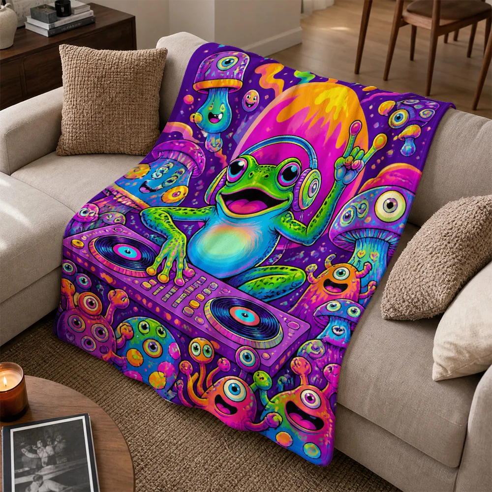 Vibrant Psychedelic Boho Throw Blanket Frog Mushroom Vinyl Turntable Music Art Couch Decor Hippie Aesthetic Cozy Home Accent