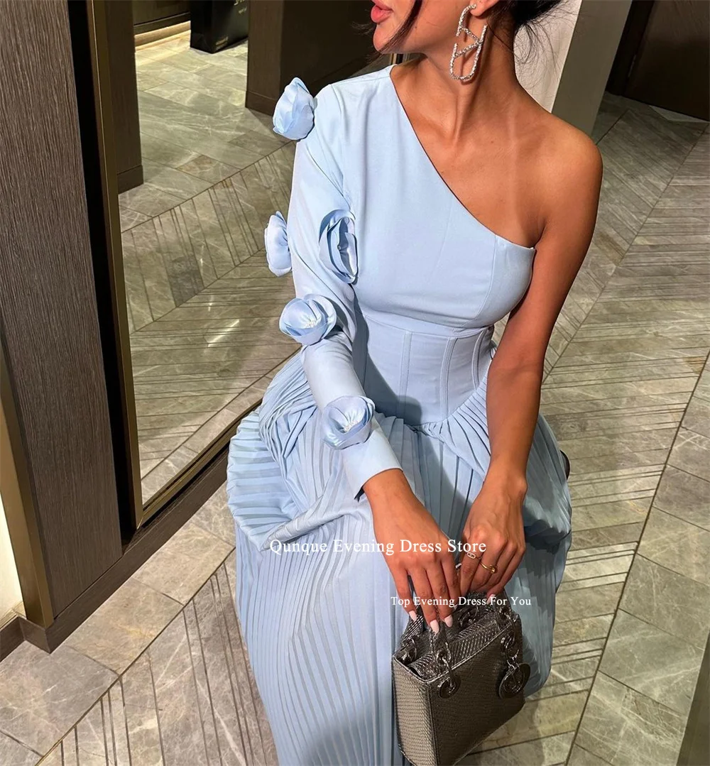 Qunque Sky Blue A-line Prom Dresses One Shoulder Sleeve With Flowers Formal Gowns Pleat Saudi Arabia Gala Party Robe Customized