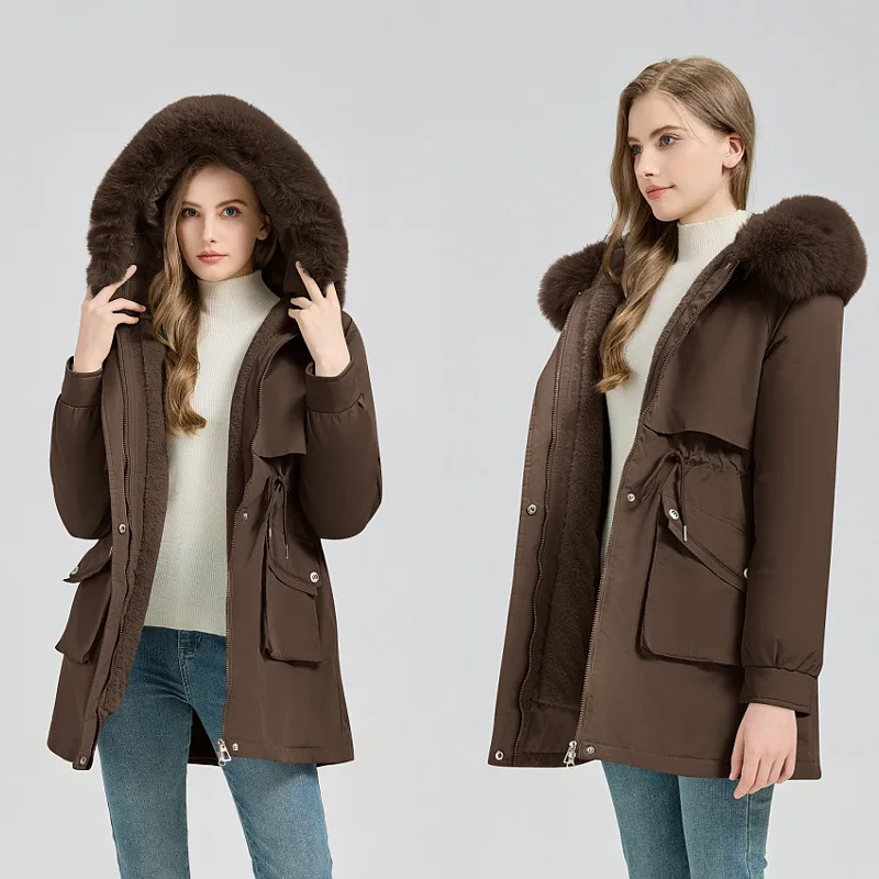Women's Retro Fuzzy Cargo Parka real-life usage example in snowy urban environment