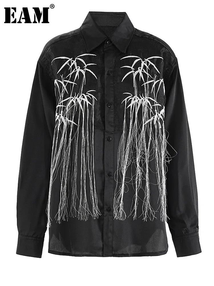 

[EAM] Women Black Embroidery Tassels Big Size Elegant Blouse New Lapel Long Sleeve Shirt Fashion Tide Spring Autumn 2024 CPG2149